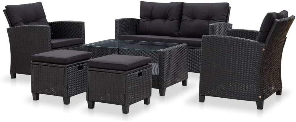 vidaXL Lounge Set with Cushions 6-Piece Garden Set Furniture Set Garden Garden Furniture Set Lounge Furniture Set Lounge Furniture Lounger Furniture Poly Rattan Black - QUORE