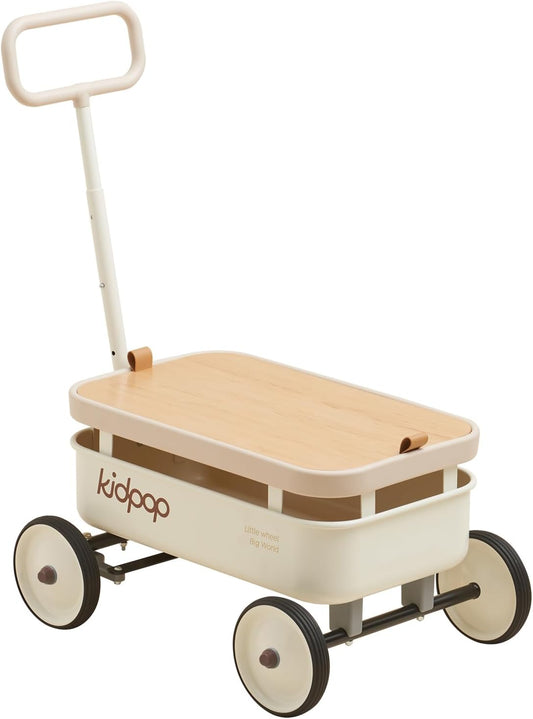 kidpop PULA Wild Handwagen 3-in-1 voor kinderen 2,5-8 jaar, afneembaar houten deksel en verstelbaar stuur, verjaardagscadeaus, max. gewicht 16 kg, wit