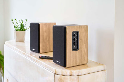 THOMSON Cosy WS902DUO Boekenkast, 150 W, stereo, Bluetooth 5.3, USB-weergave, afstandsbediening, aanbevolen voor smartphone, pc en platina vinyl, houtafwerking