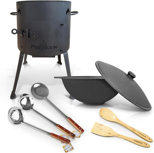 Utschak KazanoFF Fire Oven with Cast Iron Pan, Round Bottom with Lid (10 L), 2 Slotted Spoon 48 cm, Skimmer 48 cm, Spatula and Spoon, 35 cm KazanoFF, Camping, Kazan, Goulash Cannon, Dutch Oven (Set 6)