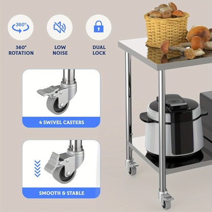RVS Werkbank – Werktafel – Werkplek – Werkstation – Keukentafel – Verstelbare Poten – Zwenkwielen Met Rem – Draagvermogen 453,59 kg – Roestvrij Staal 152,4x60,96x88,9 cm
