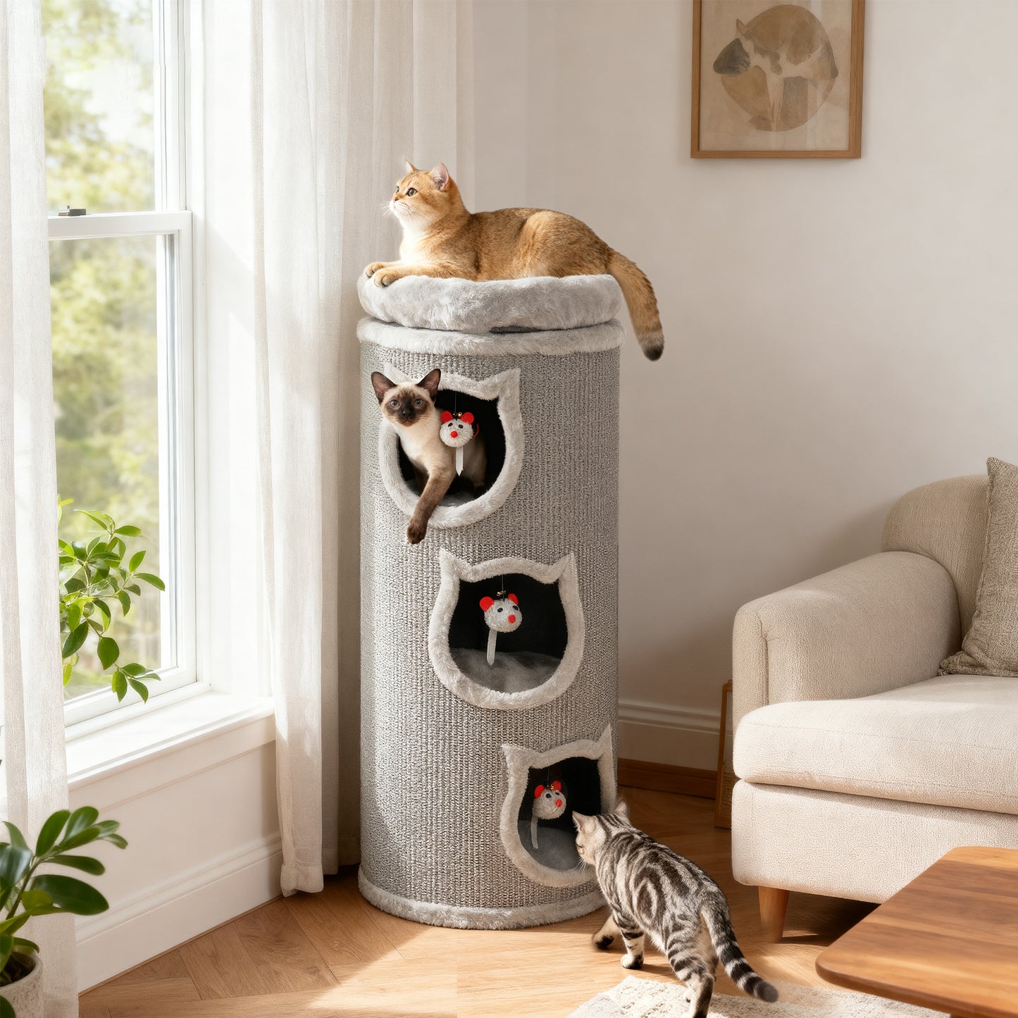 Kattenkrabpaal – Krabpaal – Kattenboom – Kattenhuis – Kattenmeubel – Grijs – 96 cm Hoog – 3 Holletjes Met Wasbaar Bed