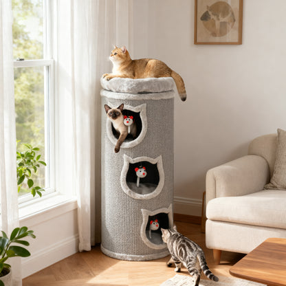 Kattenkrabpaal – Krabpaal – Kattenboom – Kattenhuis – Kattenmeubel – Grijs – 96 cm Hoog – 3 Holletjes Met Wasbaar Bed
