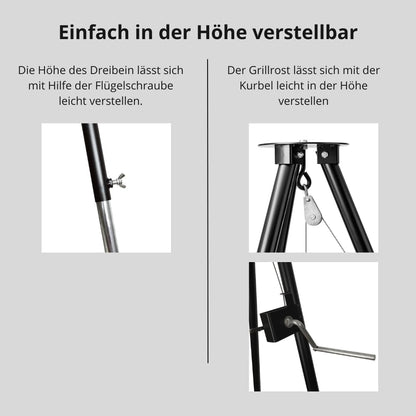 HeRo24 Driepoot grillframe, zwenkgrill, 170 cm, tripod grillstandaard met zwengel, in hoogte verstelbare grill-driepoot voor haard en kampvuur, zonder grillrooster