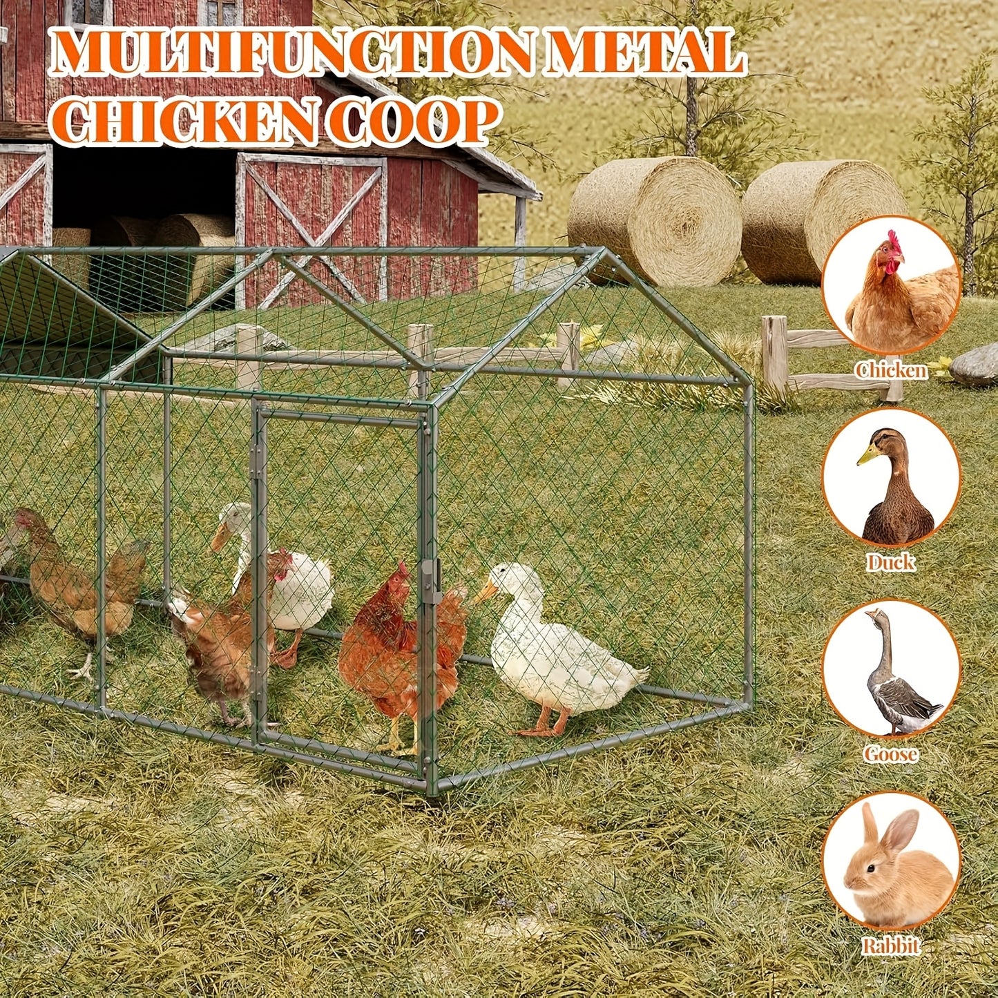 Kippenren – Kipren – Pluimveren – Buitenren – Dierenren – Metaal – Waterdicht Dak – 3,05 x 1,02 x 1,02 m – UV-Bestendig – Voor 12-20 Kippen – Silvery