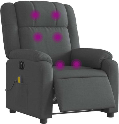 Elektrische relaxstoel met 6-punts massage, donkergrijze stof, trillingsfunctie en USB-bediening, stabiele structuur van hout en metaal, zijzak