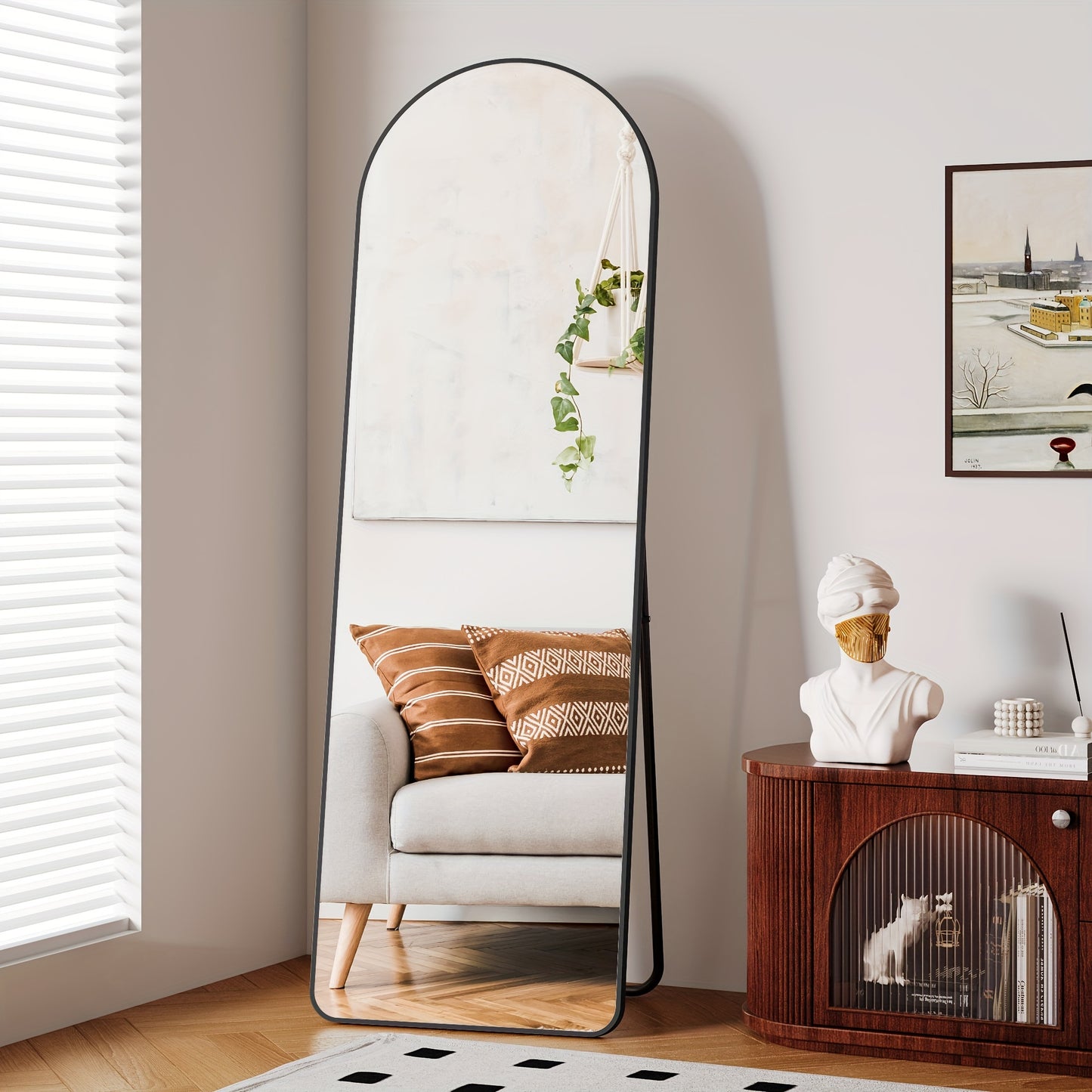Stylish Elegance| Elegant Full-Length Curved Mirror with Metal Frame - 162.56cm x 53.34cm HD Wall Mirror, Black, with Hooks for Living Room, Bedroom, Dressing Room, Bathroom, Hallway - Classic Style, Vertical Orientation, Mir