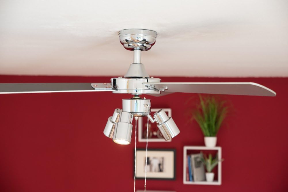 aireRyder - Cyrus plafondventilator met verlichting, stille ventilator met trekschakelaar in glanzend chroomdesign, draaivleugels in zwart/zilver, diameter 107 cm, (kleur: chroom en zwart/zilver)