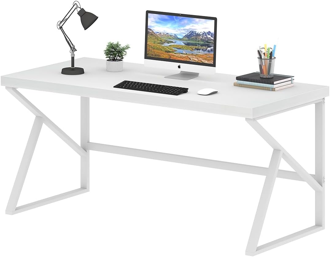 HSH Wit Bureau, Modern Home Office PC Laptop Bureau, Groot Industrieel Metalen Houten Bureau voor Executive Schrijven Werk Studie Gaming, Lange Student Computer Tafel voor Slaapkamer Woonkamer, Wit