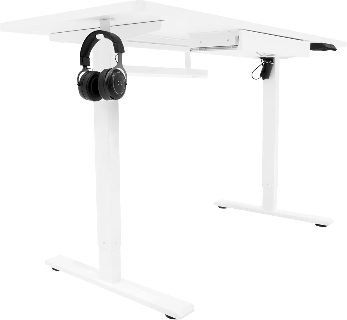 Electric Standing Desk 160 x 60cm White Height Adjustable Ergonomic Sit-to-Stand Computer Workstation Built-in Drawer USB A&C Charging Cable Pocket Hook Office Table Timer Smart Control Panel - QUORE