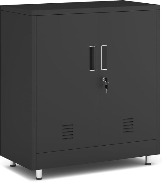 Metalen opbergkast met vergrendelingsdeuren en verstelbare plank, kleine afsluitbare dressoir buffetkast voor thuiskantoor, hal, entree, woonkamer eetkamer (zwart)