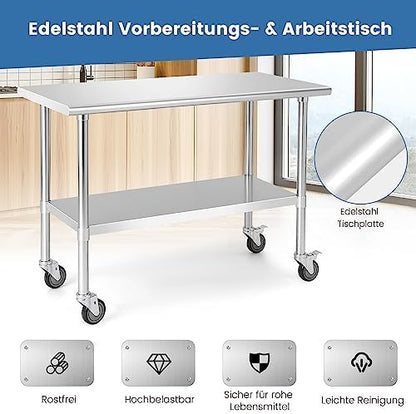 FANTASK Werktafel roestvrij staal, keukentafel roestvrij stalen tafel met in hoogte verstelbare plank, zilver