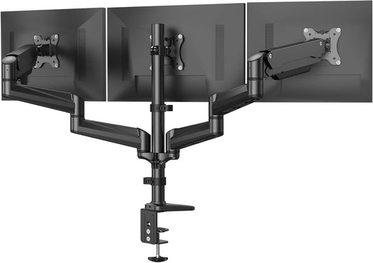 HUANUO Drievoudige monitorstandaard voor 3 17-32 inch schermen, verstelbare drievoudige monitorarm met een draagvermogen van 8 kg per arm, 3 monitorstandaard met 2 montagebases, VESA 75x75 100x100