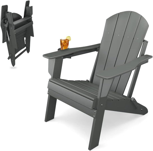 Adirondack Folding Chair for Garden, Patio or Deck - Arm Rests and Cup Holder - Lightweight, Weatherproof - Stylish, Durable Outdoor Furniture for Fire Pit, Beach, Poolside, Porch (Grey)