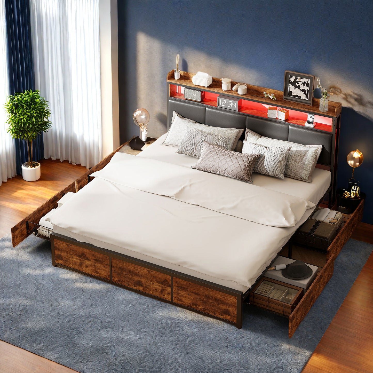 Queen Size Bed – Tweepersoonsbed – Led Bed – Kunstleer Bed – Opbergladens Bed – 180x200 Cm – Verstelbare Hoofdbord – Ingebouwde USB & LED-Verlichting