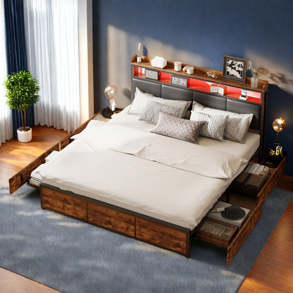 Queen Size Bed – Tweepersoonsbed – Led Bed – Kunstleer Bed – Opbergladens Bed – 180x200 Cm – Verstelbare Hoofdbord – Ingebouwde USB & LED-Verlichting