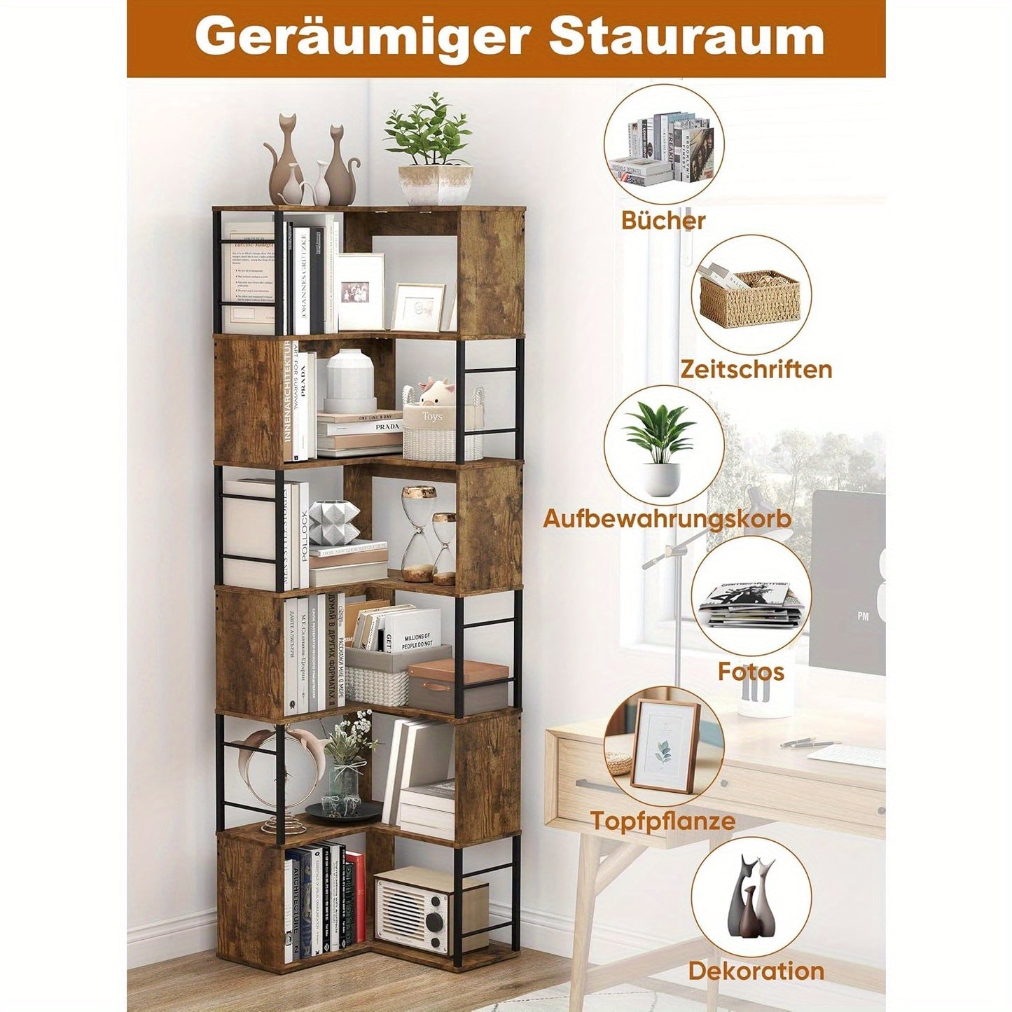 Hoekboekenplank – Hoekrek – Boekenrek – Opbergkast – Boekenkast – Industrieel Design – 7 Lagen – Stalen Frame – 188 cm Hoog – Zwart/Bruin