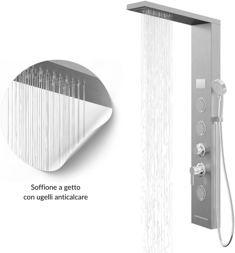 Douchepaneel Shine staal 4 functies LED-licht display temperatuureffect regen waterval antikalk (geborsteld chroom)