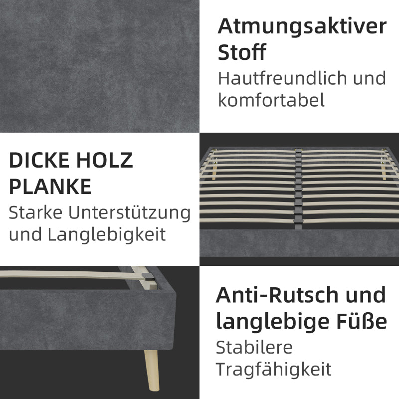 Bedframe – Tweepersoonsbed – Platformbed – Gestoffeerd Bed – Slaapbank – Grijze Dutch Velvet Bekleding – Stevig Metalen Frame – Geschikt Voor Matras 160x200 cm