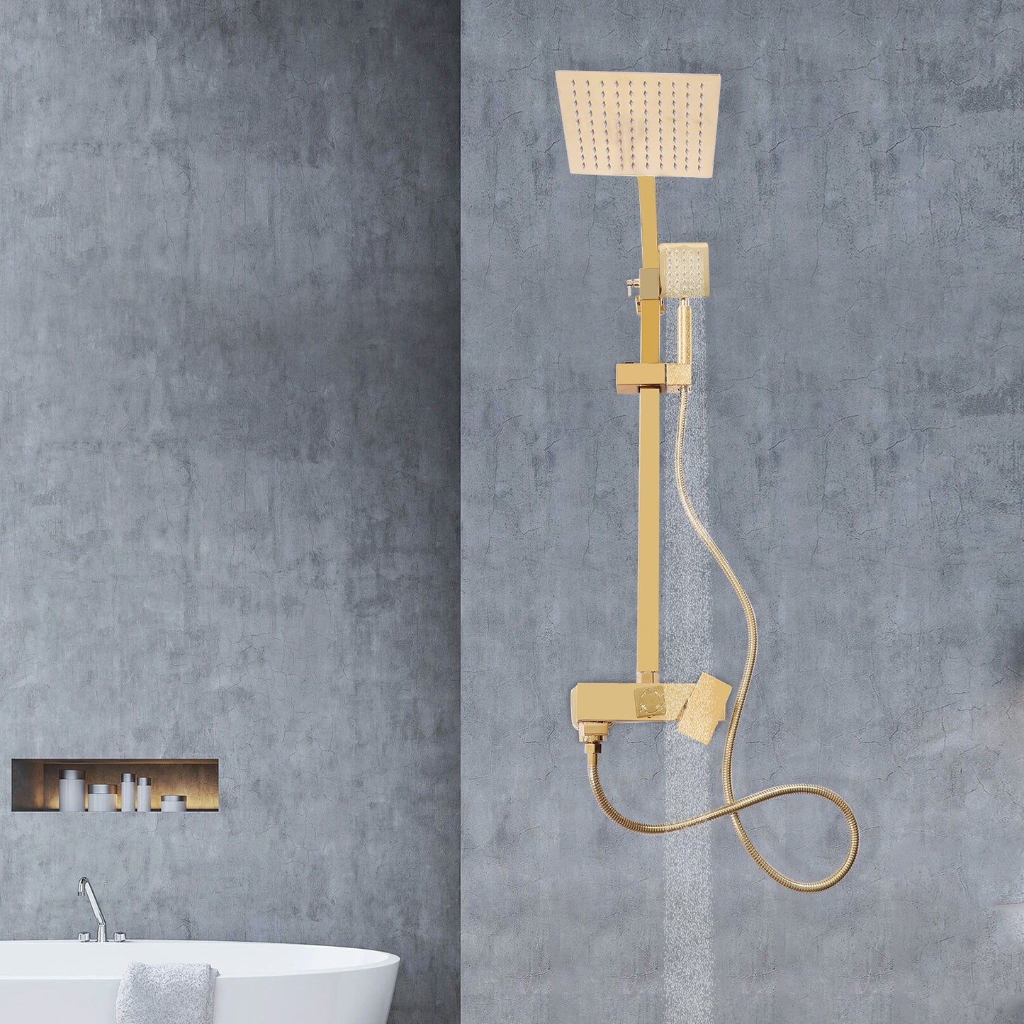 Regendouche – Douchekop – Doucheset – Handdouche – Shower Set – Goudkleurig Messing – 20 cm Rond – Instelbare Hoogte 70-120 cm