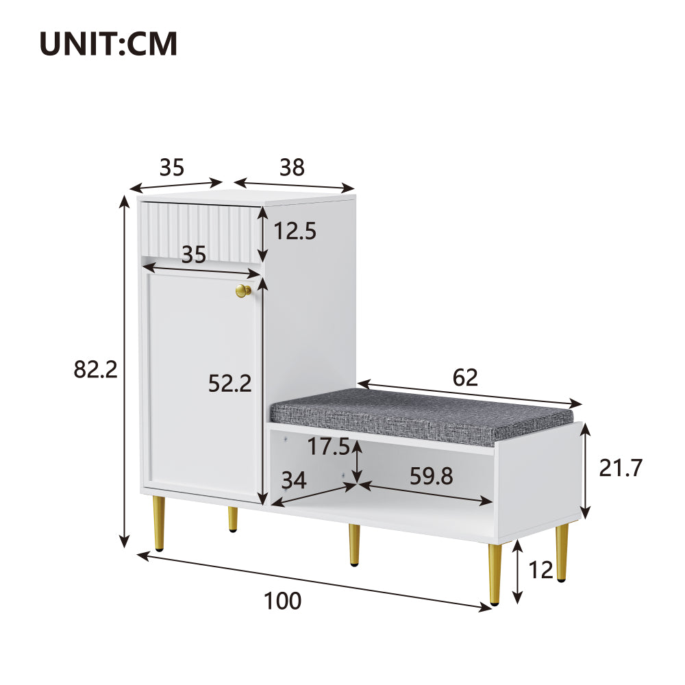 Modern Shoe Cabinet with Bench, 1 Door, 1 Drawer, 1 Open Storage Compartment, Padded, White, Dimensions: 100 × 35 × 82.2cm (Width × Height × Depth), Entryway Storage, Modern Furniture, Sleek Design, Padded Surface, Multif