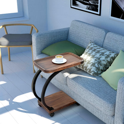 Bijzettafel – Sofa Tafel – Banktafeltje – Nachtkastje – Zijtafel – Vintage Design – Hout & Metaal – Wieltjes – Dubbel Plank – Walnoot – Geen Elektriciteit