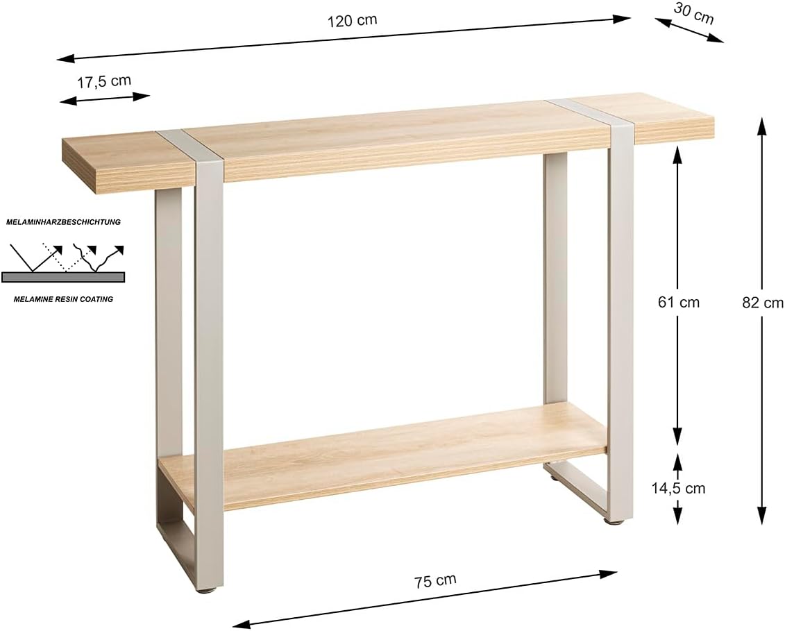 HAKU Consoletafel, eiken, grijs, metaal, spaanplaat, afmetingen: B 120 x H 82 x D 30 cm, stijl: modern