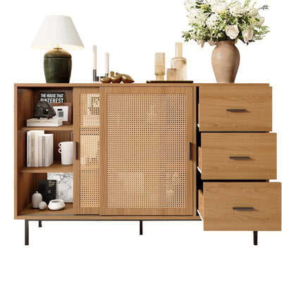 Rustic Modern Metal with 2 Sliding Doors & 3 Drawers - Adjustable Shelves, Freestanding/Dining Room Sideboard, Space-Saving Design (140x91x37cm) - No-Wood Furniture in Neutral Tones for Apartments, Farmhouse, or Contemporary