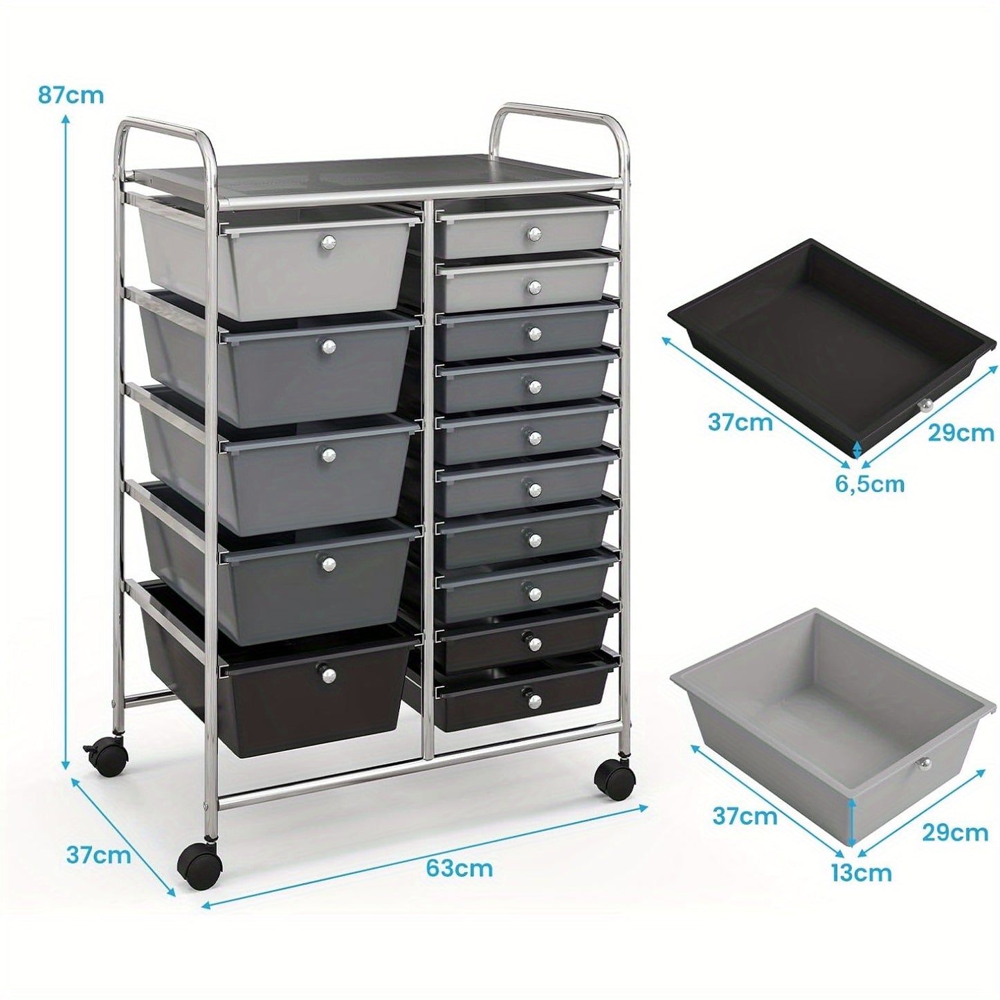 15-laden Opberwagen – Rollende Gereedschapswagen – Opbergtrolley – Organizer – Utility Cart – 15 Verwijderbare Laden – Vergrendelbare Zwenkwielen – Zwart Metalen Frame
