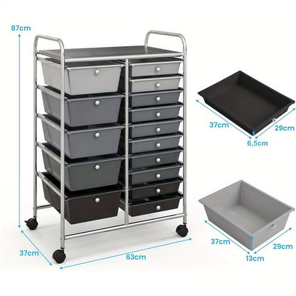 15-laden Opberwagen – Rollende Gereedschapswagen – Opbergtrolley – Organizer – Utility Cart – 15 Verwijderbare Laden – Vergrendelbare Zwenkwielen – Zwart Metalen Frame