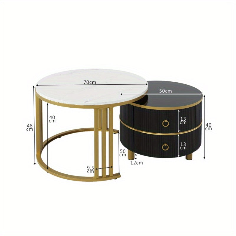 Salontafelset – Salontafel – Bijzettafel – Nesting Tafel – Koffietafel – Ronde Set – Glanzend Marmerlook Blad – 2 Opberglades – Modern Design – 70x70x46 cm & 50x50x40 cm