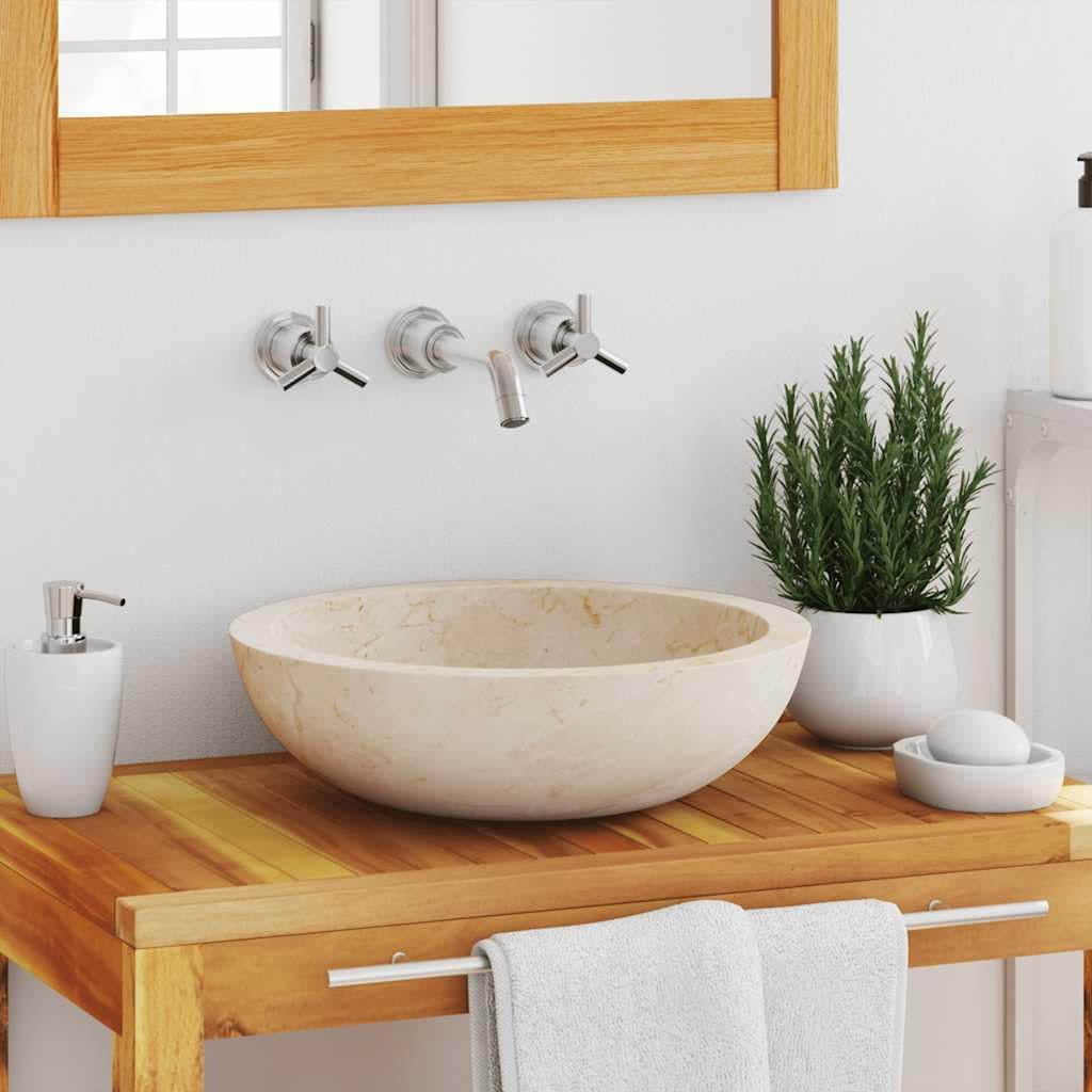 Marmeren Wastafel – Waskom – Lavabo – Spoelbak – Badkamerkom – Handgemaakt Natuursteen – Gepolijst Crème