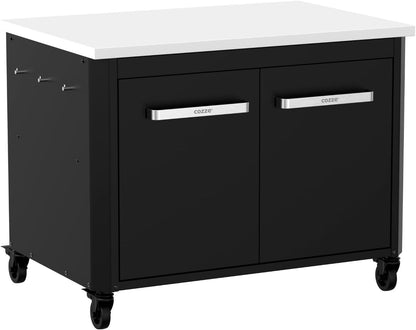 Cozze | Low outdoor kitchen H70 cm with stainless steel worktop | Ideal height for plancha | 2 doors | 2 shelves | 6 hooks | 4 wheels Ø75 mm | Powder coated steel | Load capacity 100 kg - QUORE