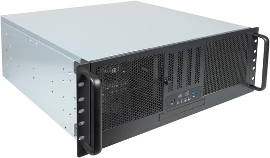 UNYKAch Rackbehuizing 19 inch UK4329 4U ATX-formaat met 485 mm achtergrond, 1 x USB 3.0, 1 x USB type C, 1 x ODD-vak voor optische apparaten, 3 x 5,25 inch bays voor apparaten, 4 x 3,5 inch en 1 x 2,5