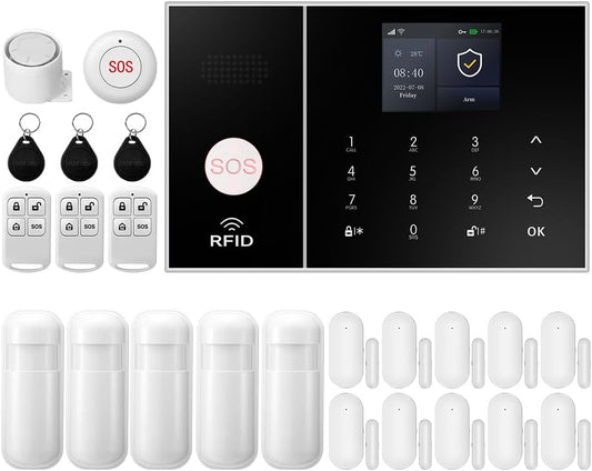 XNY WiFi Huisalarmsysteem, Draadloos 4G Inbraakalarmsysteem voor Huisbeveiliging met APP-waarschuwing, 24-delig Pakket (Bewegingsdetector, Deurvenstersensor, Afstandsbediening, Sirene), Werkt met