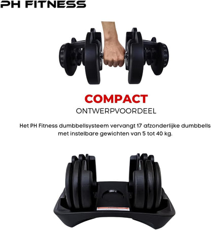 Adjustable Dumbbells 40kg Set – 2 Pieces | 17-in-1 Smart Adjustable Dumbbell 5–40kg | Professional Dumbbell Set for Home Gym | Space Saving Weights for Strength Training & Fitness - QUORE