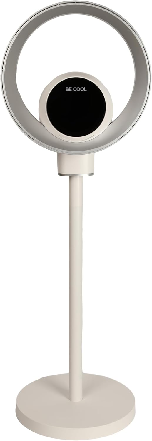 Be Cool Design staande ventilator met wifi: onzichtbare vleugel, ledverlichting, touch-bedieningspaneel + lcd, luchtreinigingsfunctie met luchtkwaliteitsindicatie, 35 W, 9 snelheden, wifi via Tuya-app