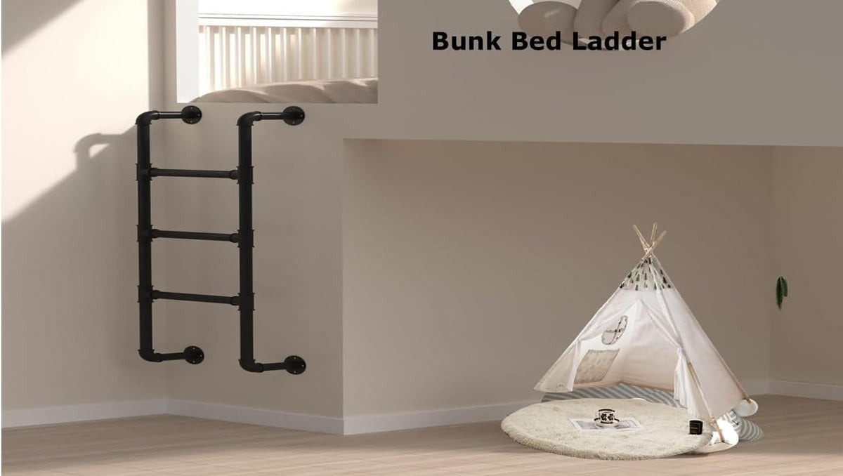 4-Treed Bunk Bed Ladder, 1.25×0.46m Muurmontage voor Kelderraam, Zwart Smeedijzeren Industrieel Pijp Stap Belasting 149.7kg, Binnen Buiten Metaal voor Zolder Loft Slaapzaal RV Dek Muur