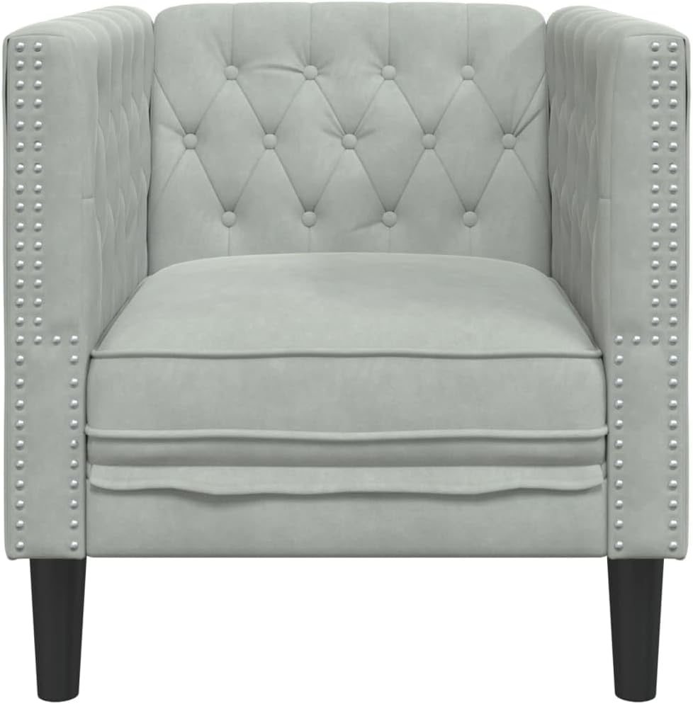 Chesterfield-fauteuil, lichtgrijs, fluweel, comfortabele gestoffeerde stoel met knoopstiksels en steunpoten voor woonkamer ontspanning