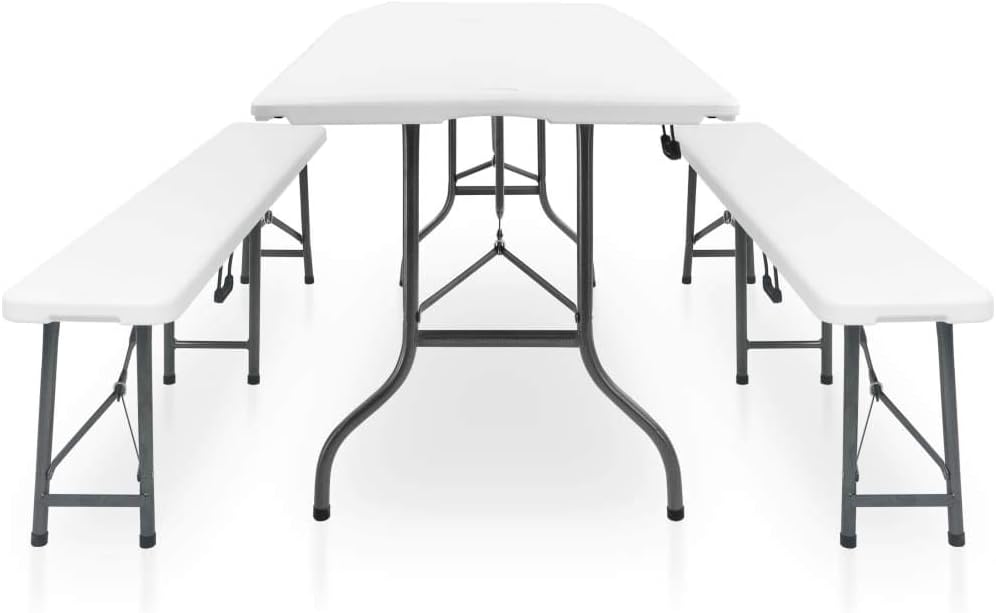 Lounge tuinmeubelset balkon meubelset tuinlounge set inklapbare tuintafel met 2 banken 180 cm staal en HDPE wit - QUORE