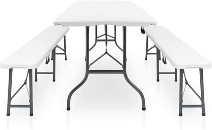 Lounge tuinmeubelset balkon meubelset tuinlounge set inklapbare tuintafel met 2 banken 180 cm staal en HDPE wit - QUORE