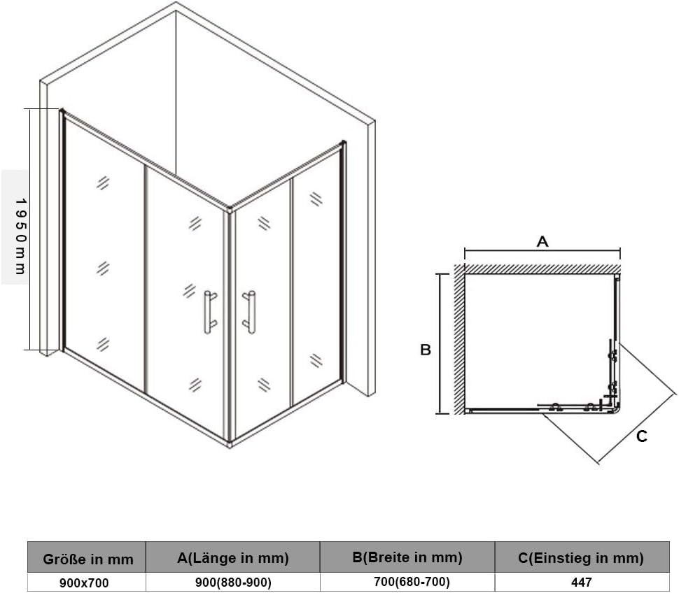 Douchecabine – Douchewand – Hoekdouche – Douchecabine Hoek – Douchehoek – Verstelbaar Frame – 5 mm Gehard Veiligheidsglas 90x70x195 cm
