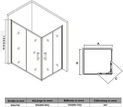 Douchecabine – Douchewand – Hoekdouche – Douchecabine Hoek – Douchehoek – Verstelbaar Frame – 5 mm Gehard Veiligheidsglas 90x70x195 cm