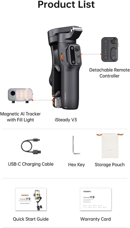 Hohem iSteady V3 draagbare telefoonstabilisator met AI-tracker, afneembare afstandsbediening, verlengstang/statief, 3-assige stabilisatie, 3-kleuren vullicht