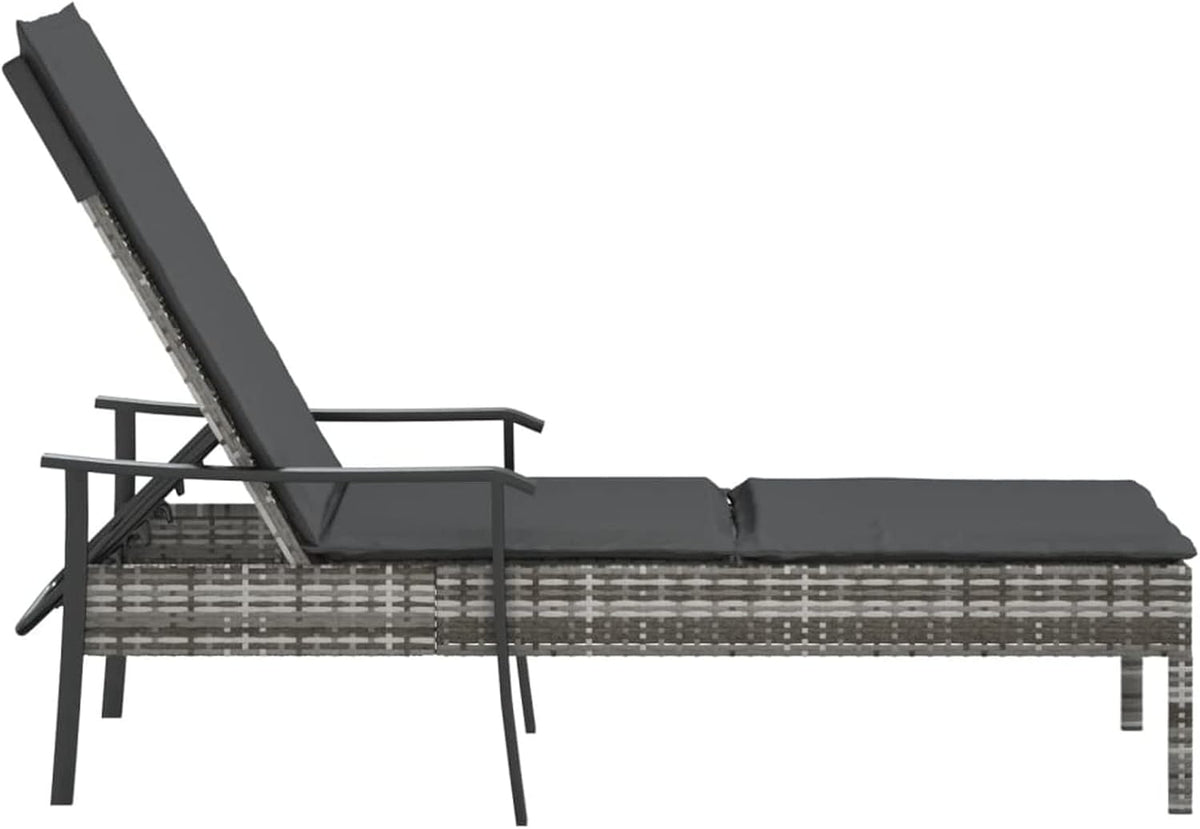 Sun Lounger with Poly Rattan Cushion with Grey Cushion, Outdoor Sun Lounger, Sun Lounger, Garden Bed, Outdoor, Beach Chair - QUORE