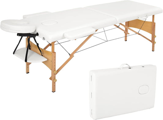 Meerveil Massagetafel, inklapbaar, 2 secties, inklapbaar, van PU en hout, met afneembare hoofdsteun, met transporttas en accessoires (wit), 198 x 60 x 81 cm