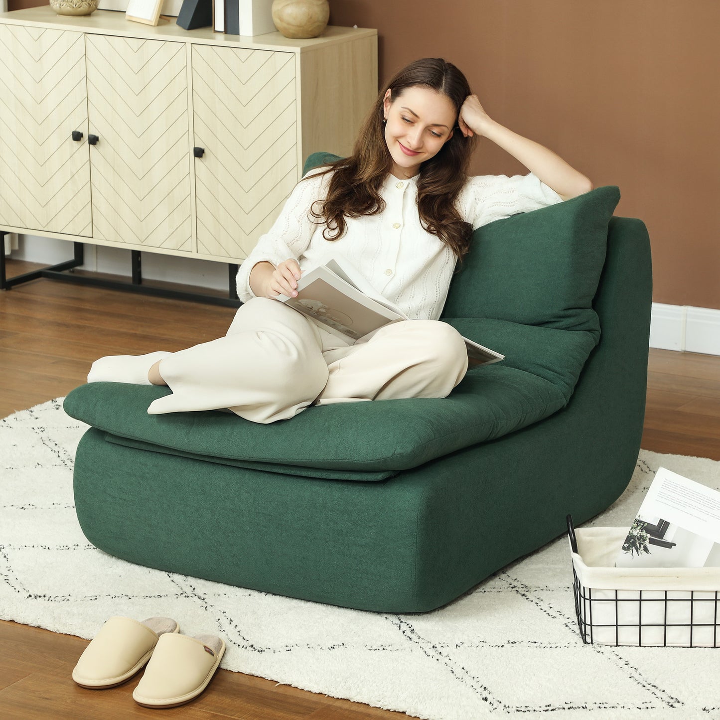 HOMCOM 1-Seater Lazy Sofa Floor Chair with Ultra-High Density Monobloc Foam, Lounge Chair for Living Room, Bedroom, and Office, 200 Kg Load Capacity, 82x103x75 cm, Green