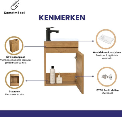 Gasten-wc wastafel set badkamermeubel, voorgemonteerd, kleine wastafel met onderkast (Eik 40cm, Zonder kraan)