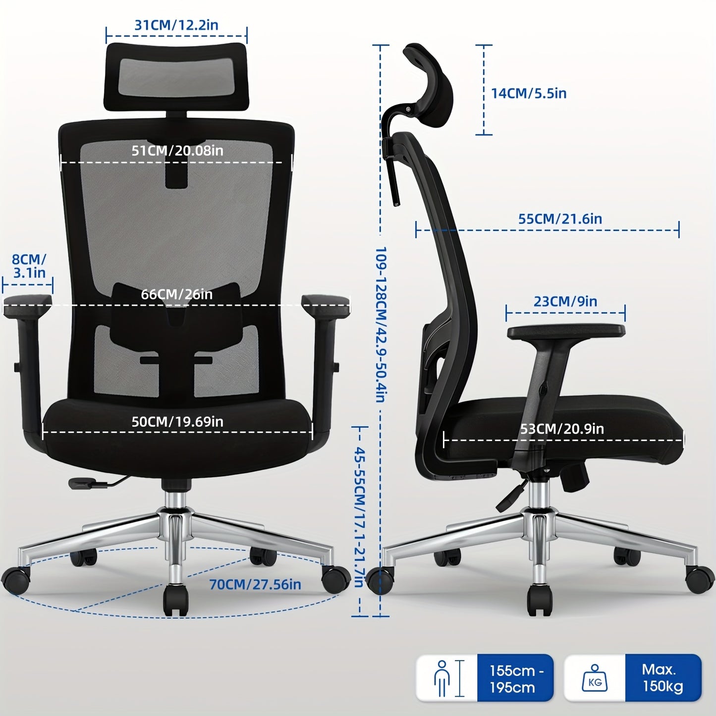 Bureaustoel – Bureaustoelen – Office Chair – Draaistoel – Gamestoel – Verstelbare Hoofdsteun & Armleuningen – Ademend Mesh Met Lendensteun – Draaggewicht 150 kg