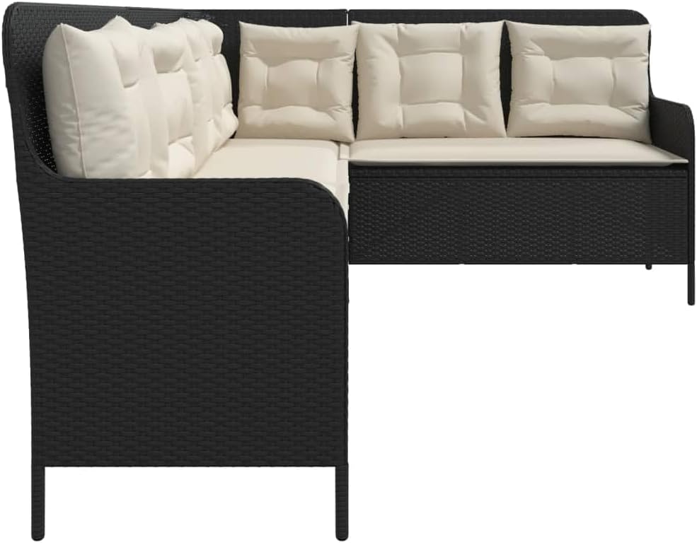 Garden Bench L Shape with Cushion, Black Poly Rattan Garden Furniture Set, Outdoor Balcony Set, Patio Furniture, Garden Lounge, Seat Set for Patio, Balcony, Garden -B - QUORE